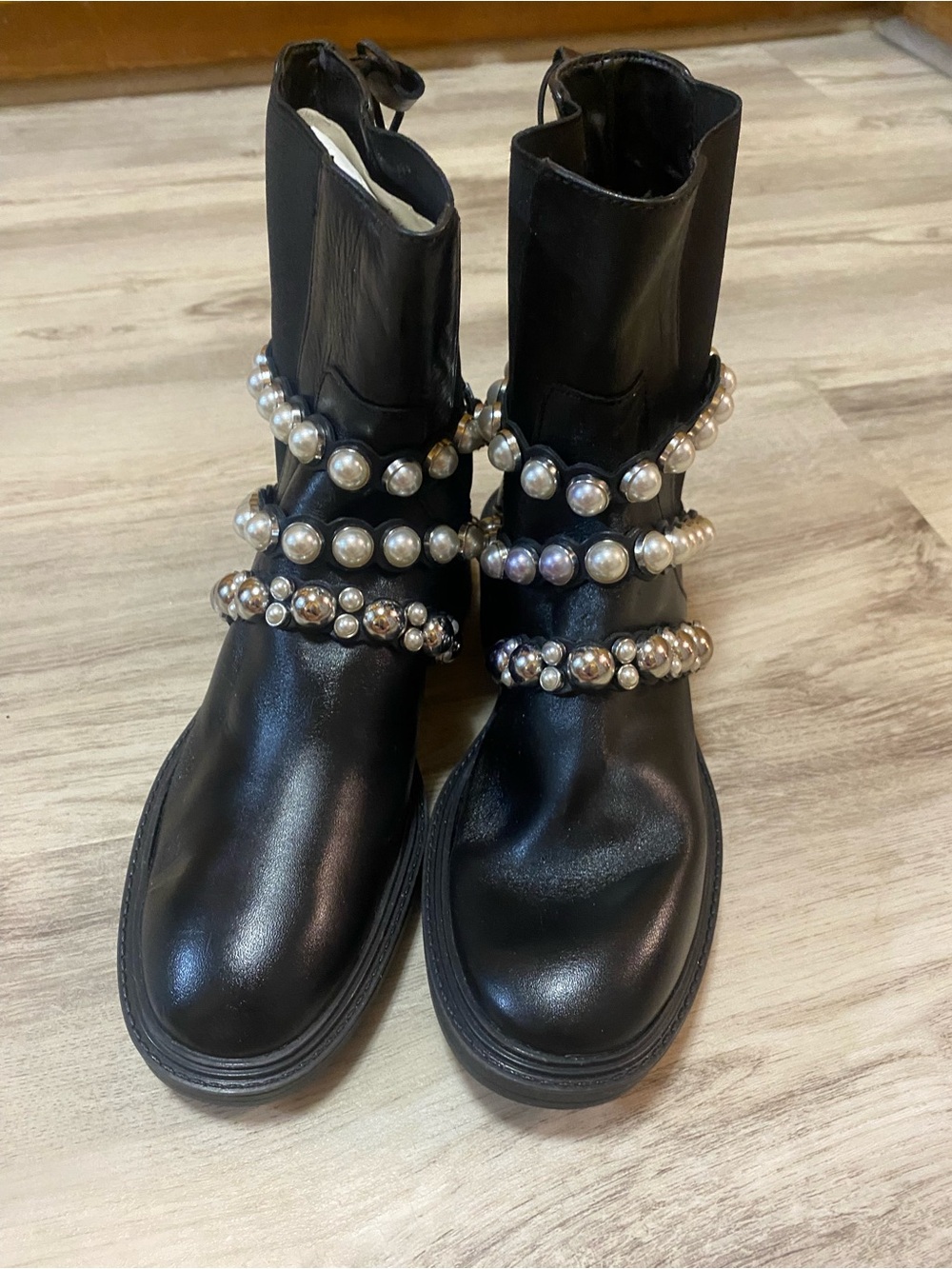 Zara Black Ankle Boots with Silver Pearl & Stud Straps - Picture 14 of 16